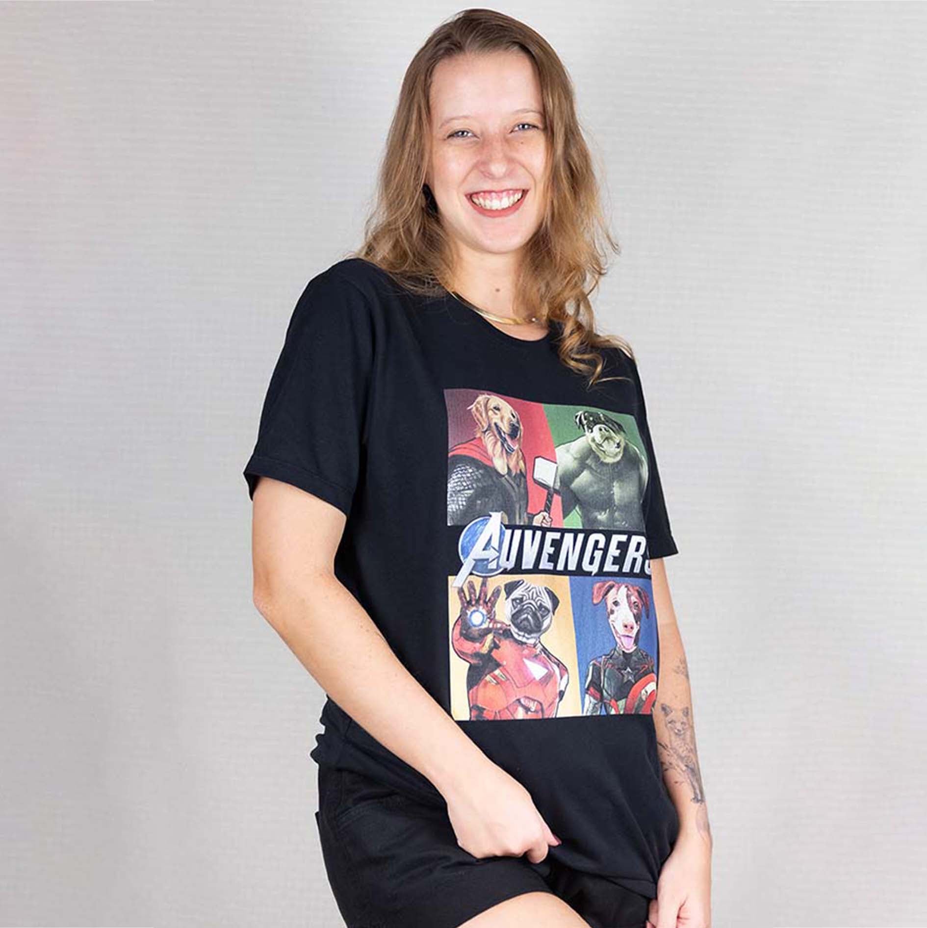 Camisa Preta Manga Curta Estampada 100% Algodão Orgânico - Auvengers