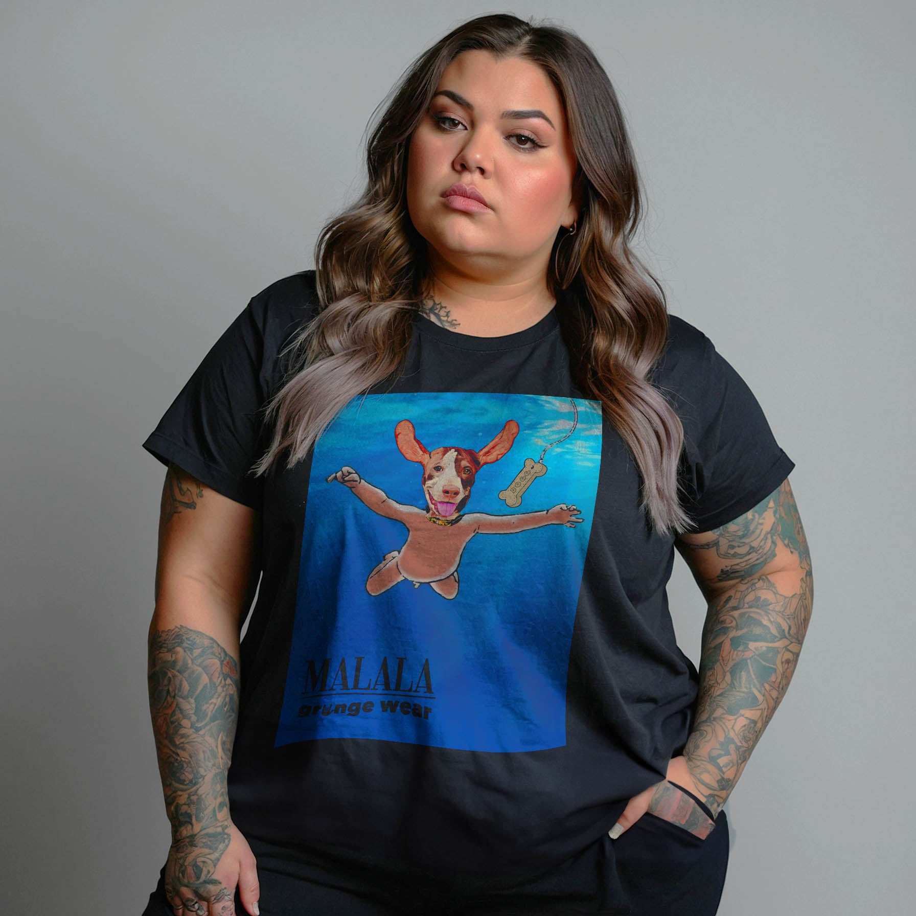 Camisa Preta Manga Curta Estampada 100% Algodão Orgânico - Nirvana Plus Size