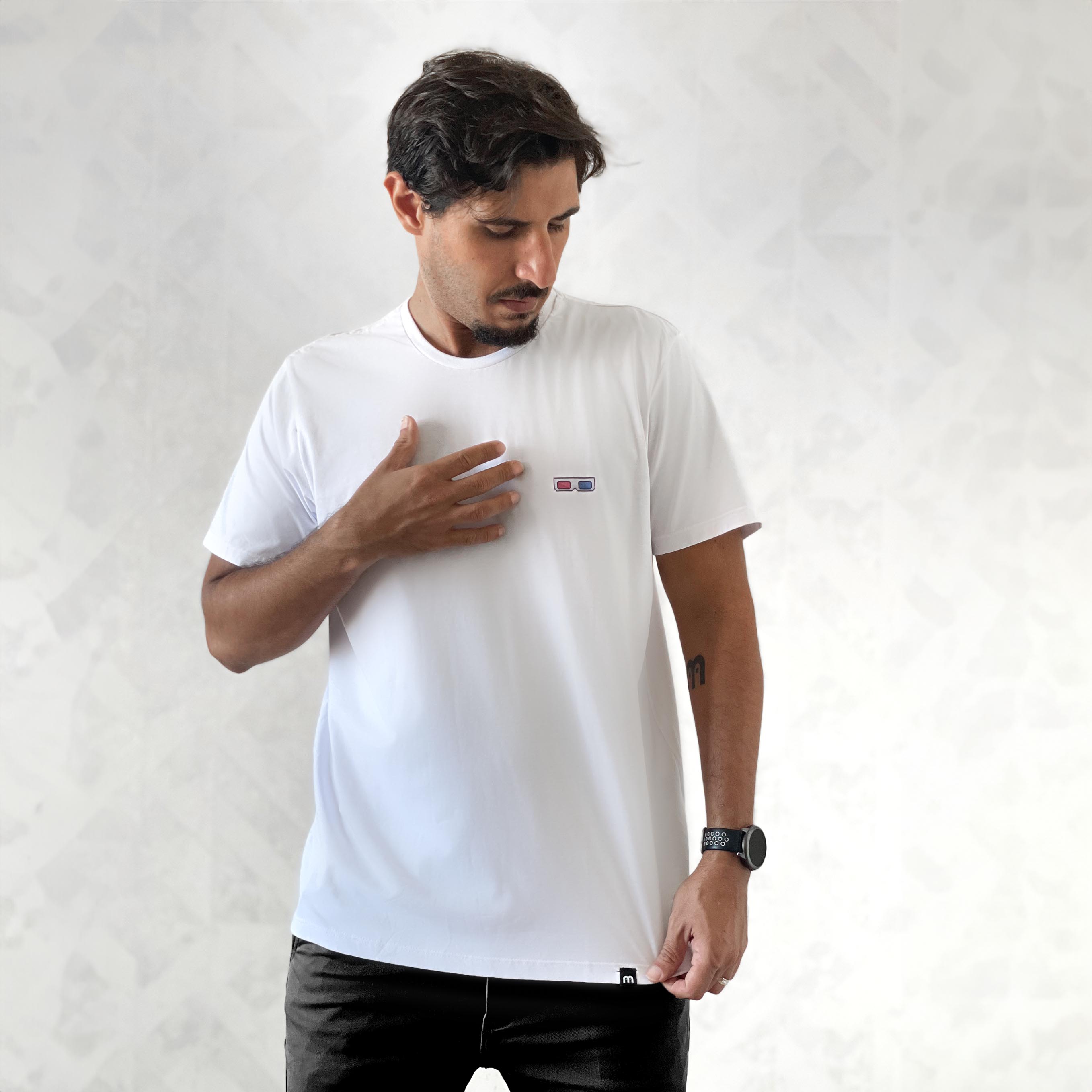 Camisa Branca Manga Curta Estampada 100% Algodão Orgânico - 3D