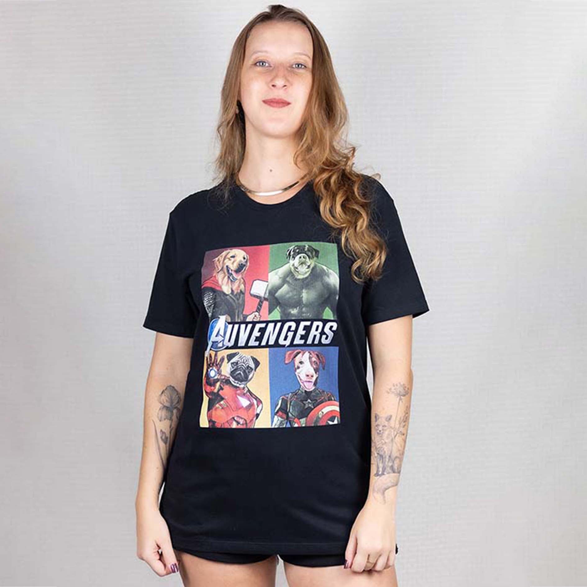 Camisa Preta Manga Curta Estampada 100% Algodão Orgânico - Auvengers