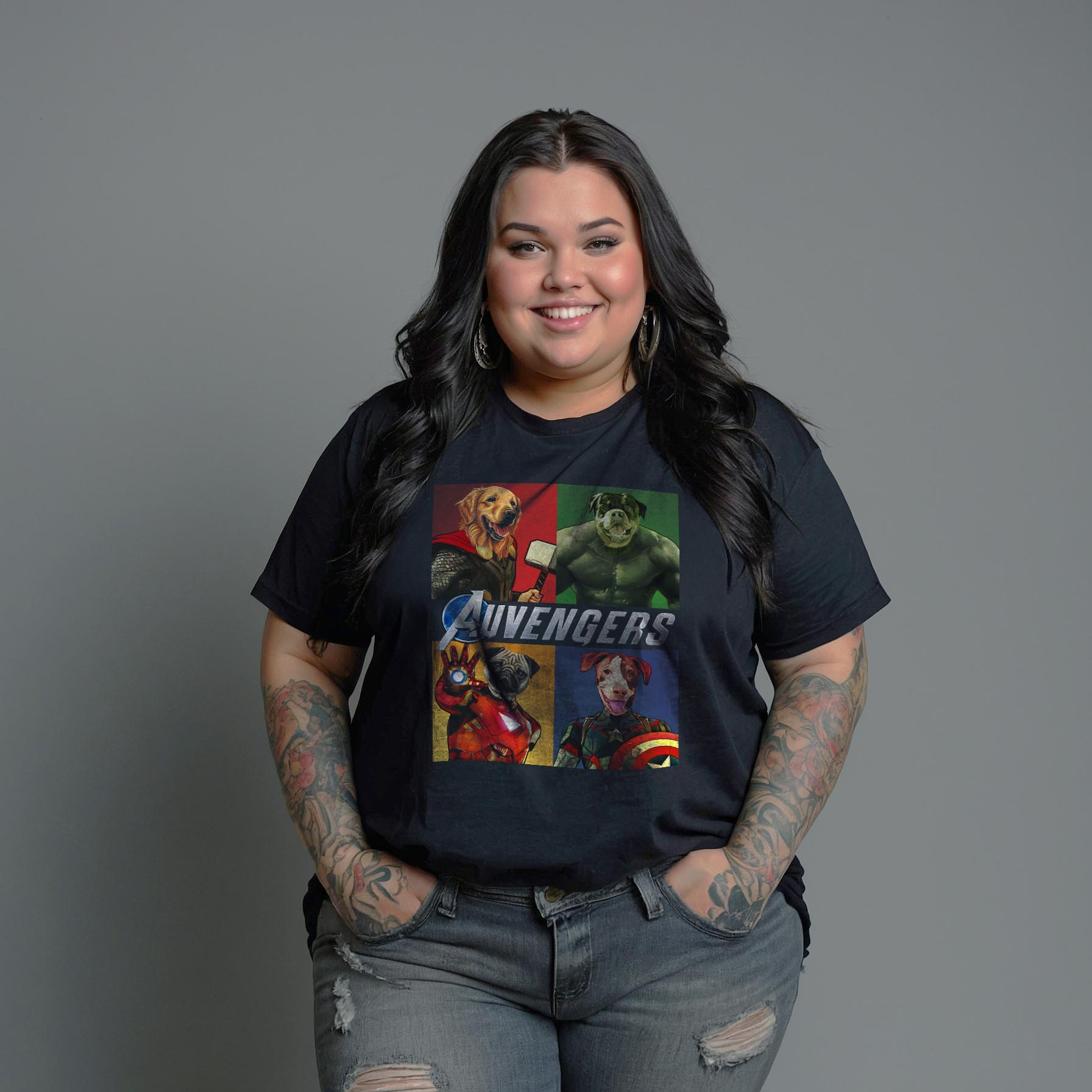 Camisa Preta Manga Curta Estampada 100% Algodão Orgânico Plus Size - Auvengers