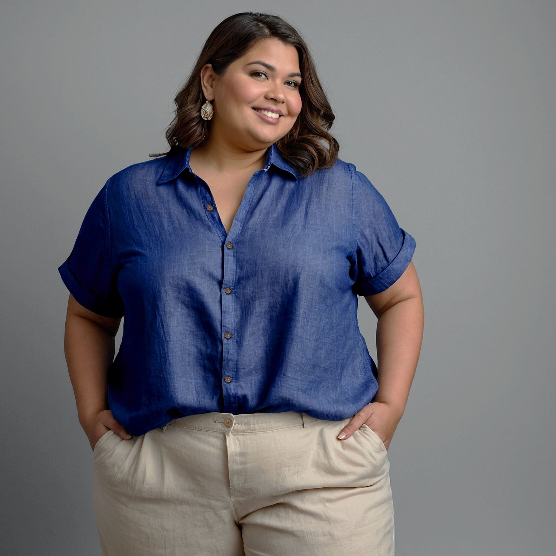 Camisa de Botão Cotton Linho Plus Size