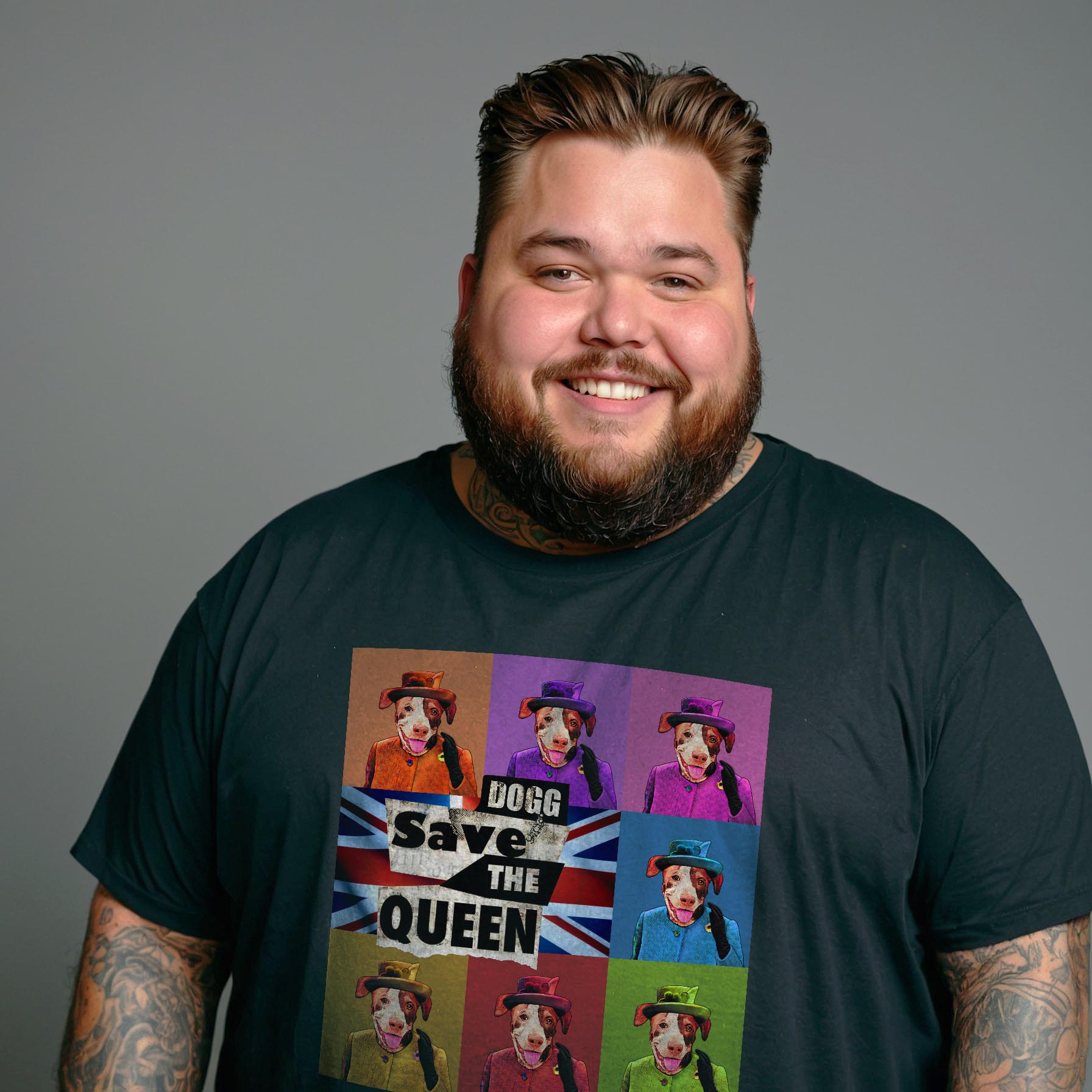 Camisa Preta Manga Curta Estampada 100% Algodão Orgânico Plus Size - Dogg Save The Queen