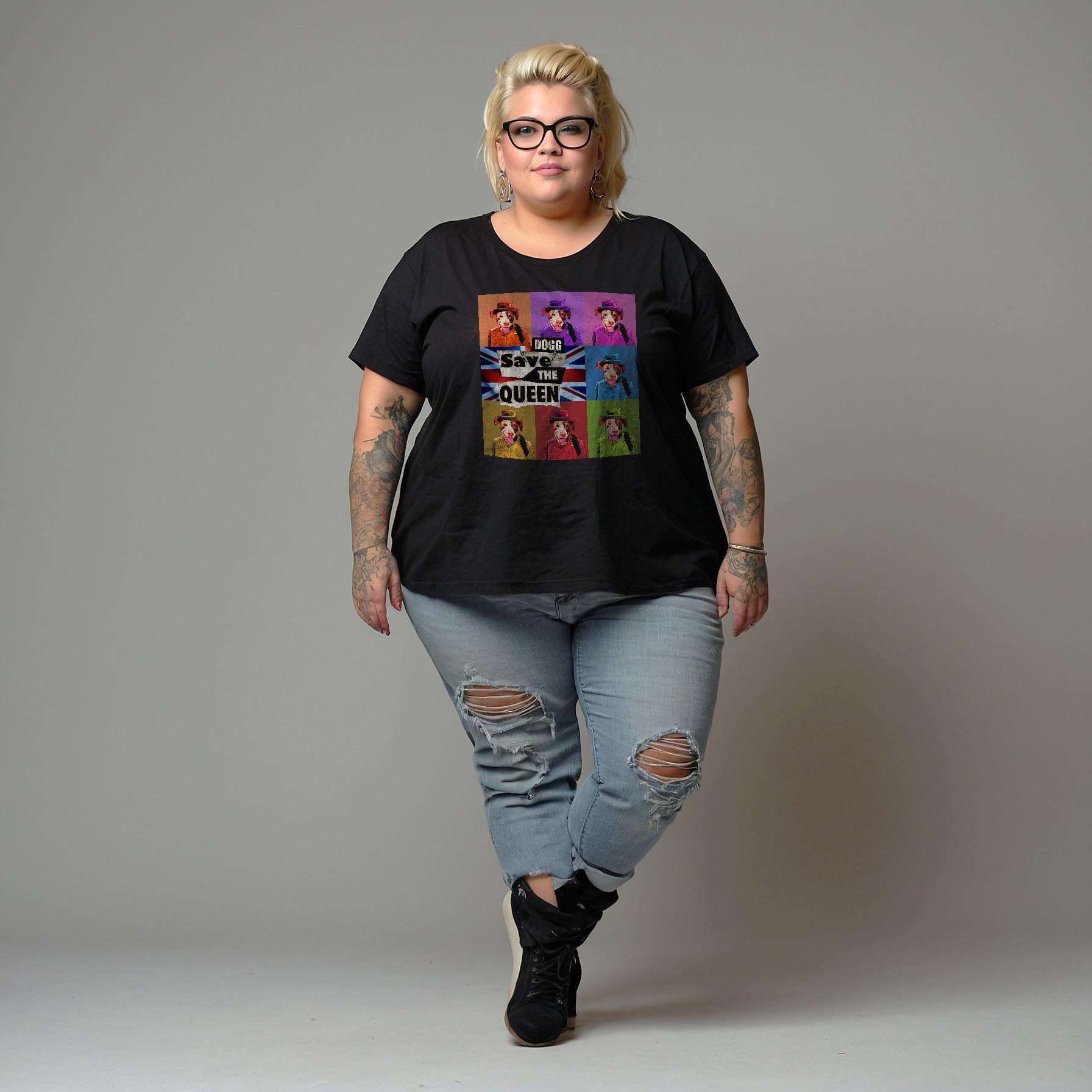 Camisa Preta Manga Curta Estampada 100% Algodão Orgânico Plus Size - Dogg Save The Queen