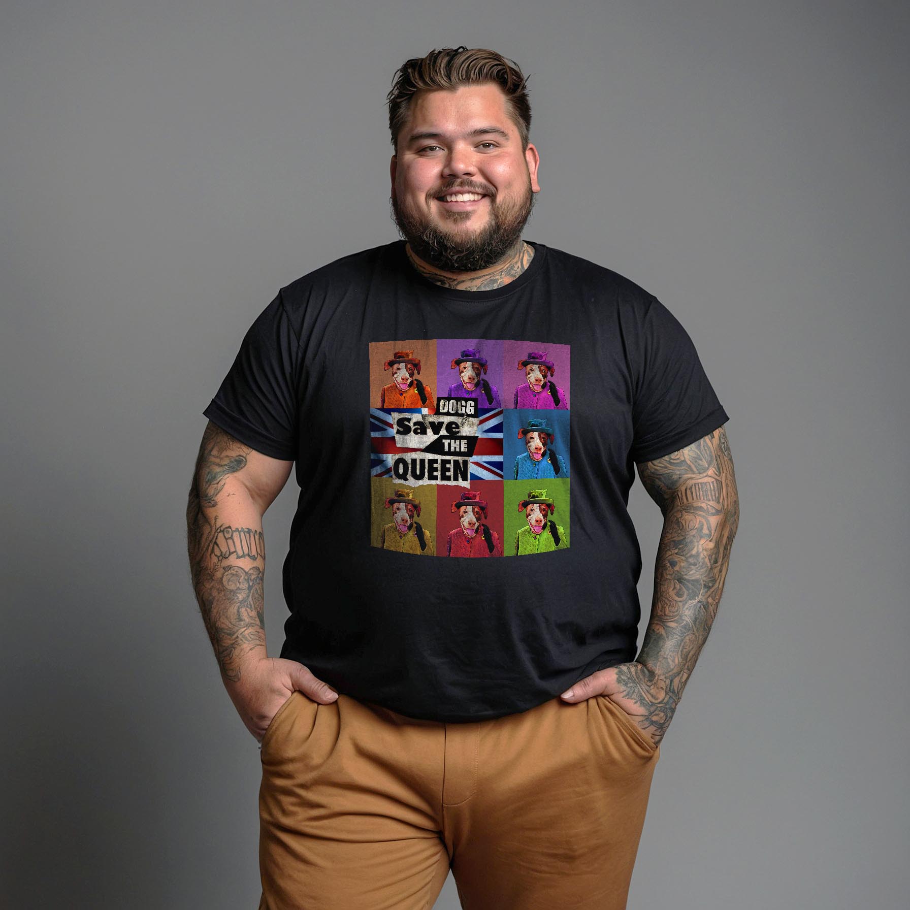 Camisa Preta Manga Curta Estampada 100% Algodão Orgânico Plus Size - Dogg Save The Queen