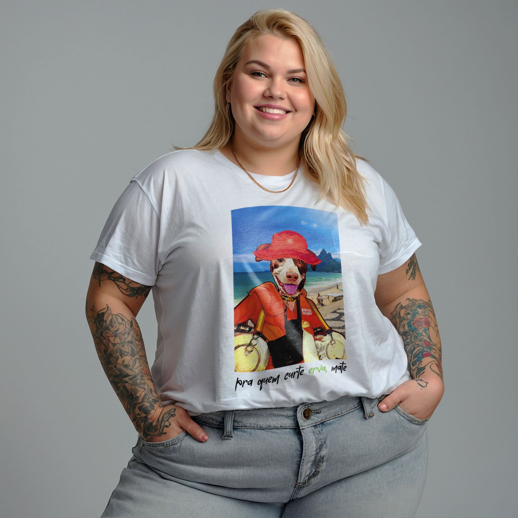 Camisa Branca Manga Curta Estampada 100% Algodão Orgânico - Plus Size - Erva Mate