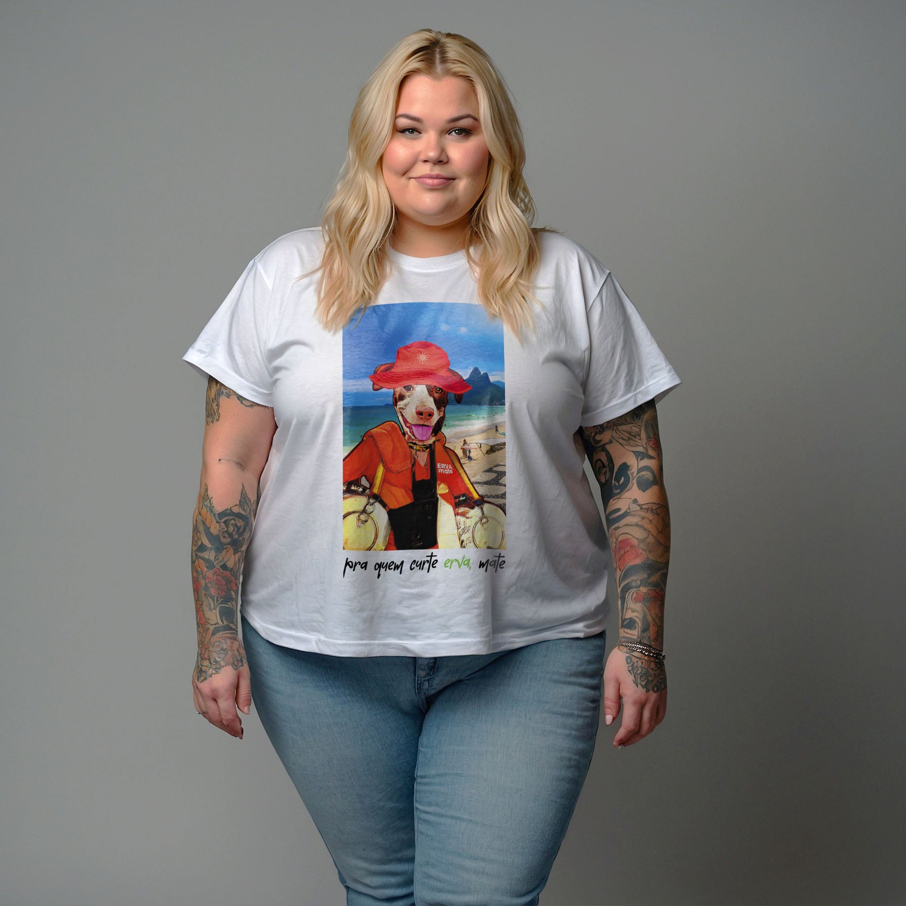 Camisa Branca Manga Curta Estampada 100% Algodão Orgânico - Plus Size - Erva Mate