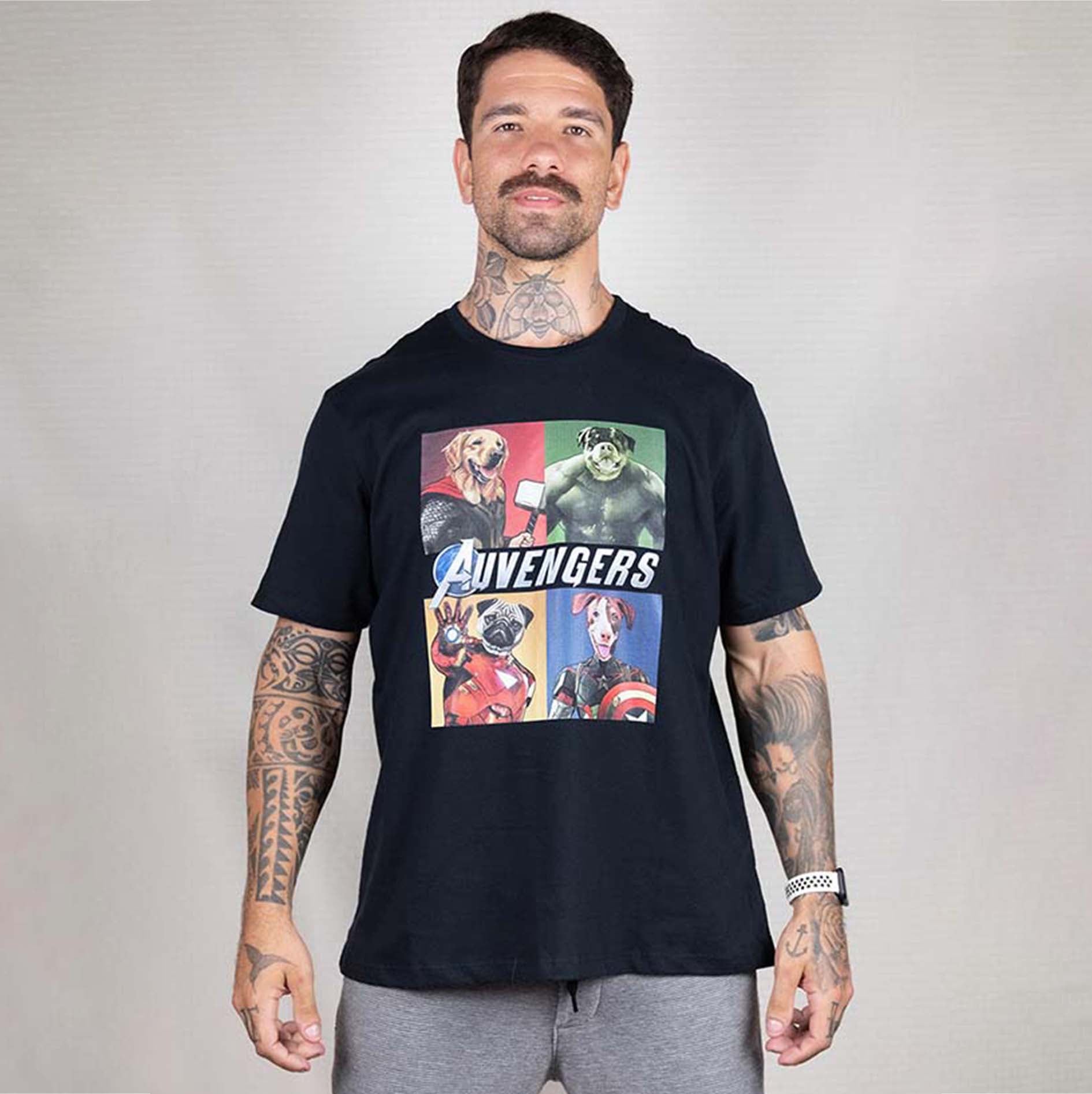 Camisa Preta Manga Curta Estampada 100% Algodão Orgânico - Auvengers