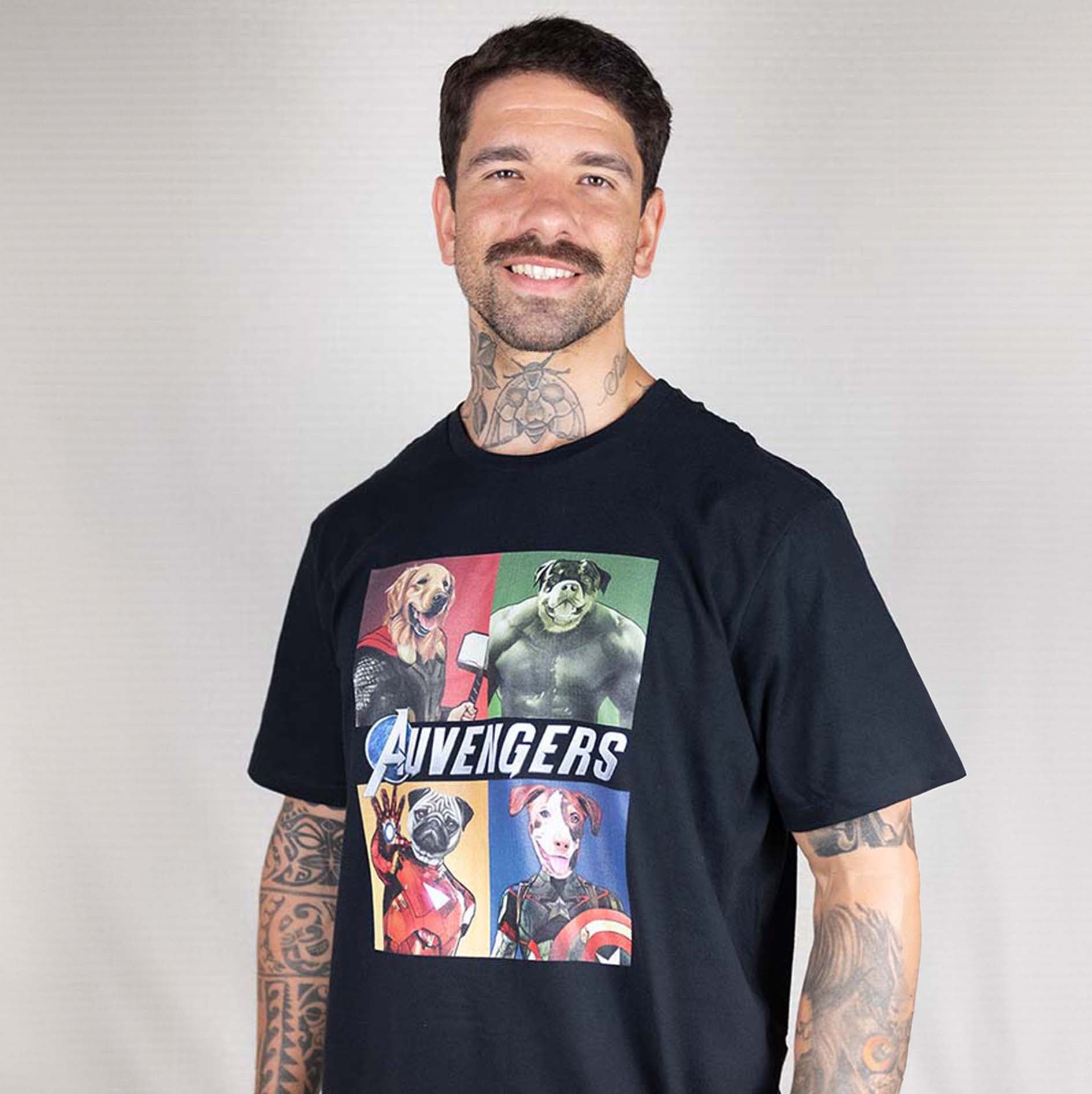 Camisa Preta Manga Curta Estampada 100% Algodão Orgânico - Auvengers